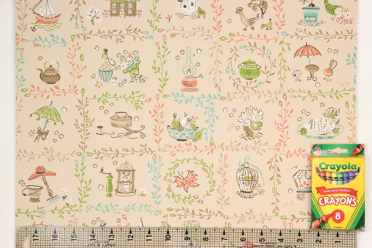 1950s Vintage Wallpaper Folk Art Salmon Aqua Kitchen Rosie S