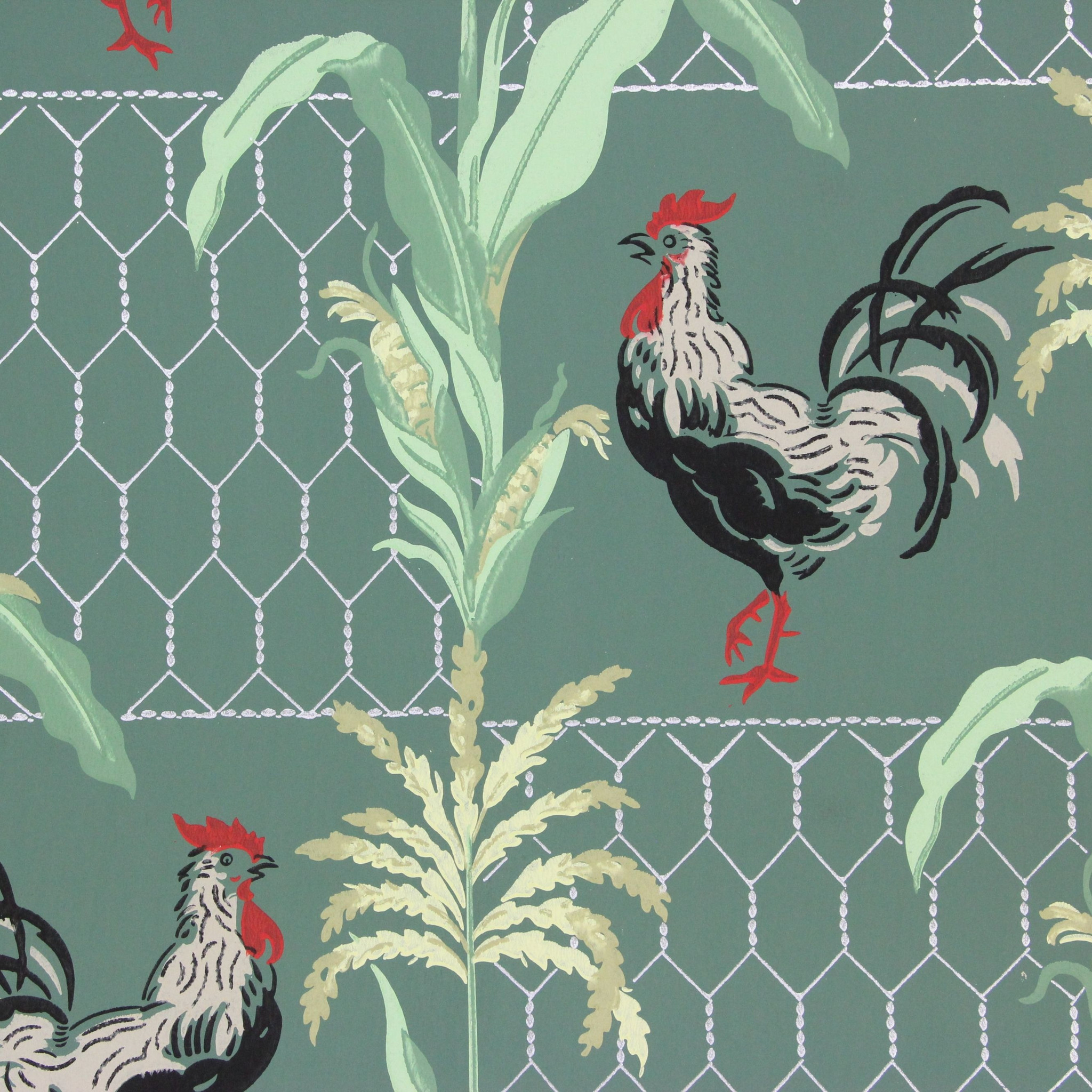 1940s Vintage Wallpaper Roosters Chicken Wire On Green Rosie S