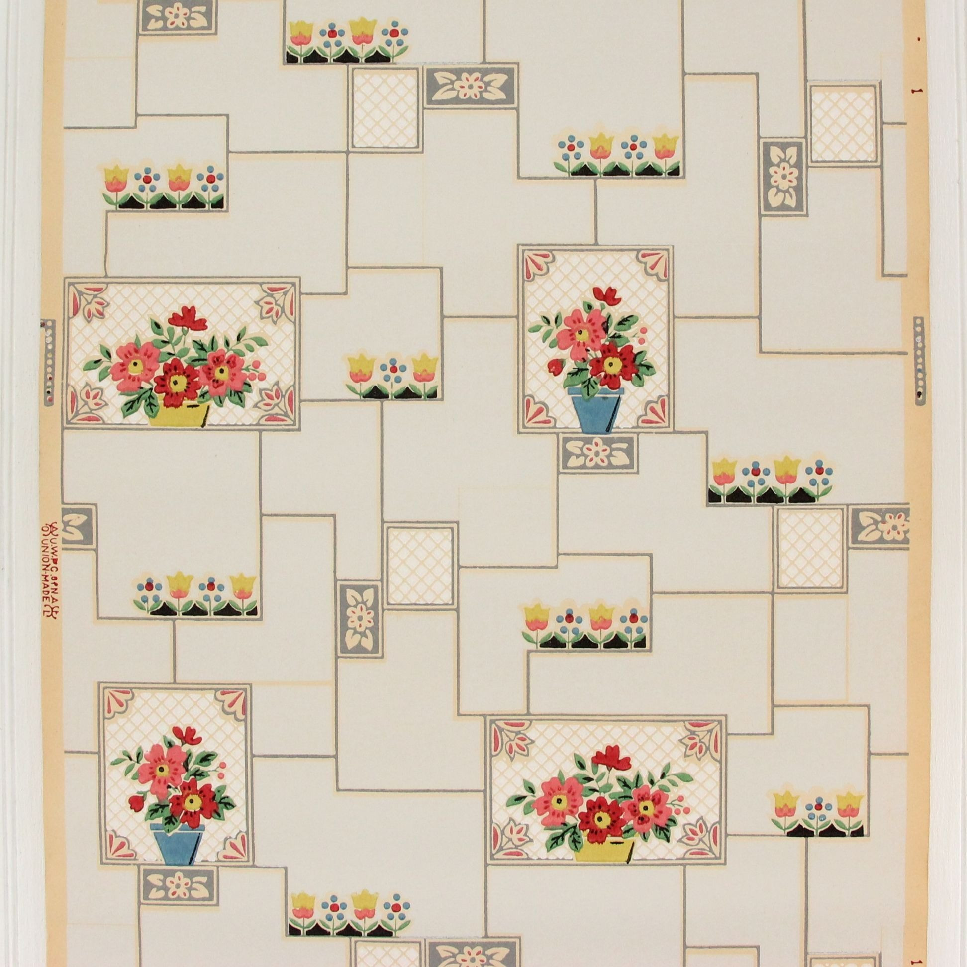 1930s Vintage Wallpaper Flower Pots On Pale Blue Tiles Rosie S