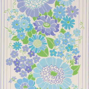 1970s Retro Vintage Wallpaper Blue Purple Flowers on Stripe