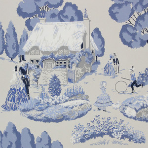 1950s Vintage Wallpaper Blue Scenic Garden