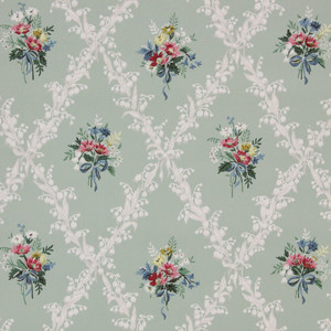 1940s Vintage Wallpaper Blue Yellow Red Bouquets on Green