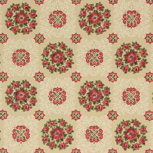 1940s Vintage Wallpaper Red Floral Geometric on Beige