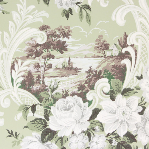 1940s Vintage Wallpaper Scenic Scrolls and White Roses Green