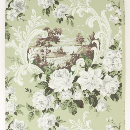 1940s Vintage Wallpaper Scenic Scrolls and White Roses Green