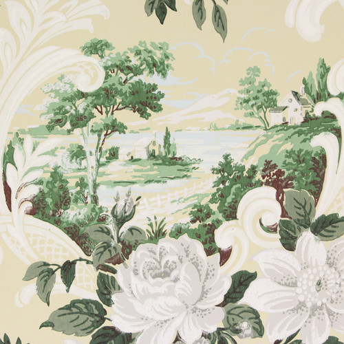 1940s Vintage Wallpaper Scenic Scrolls and White Roses Yellow