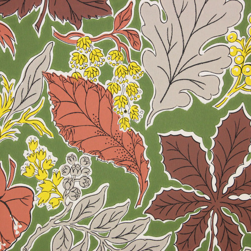 1950s Vintage Wallpaper Yellow Flowers Leaves on Green