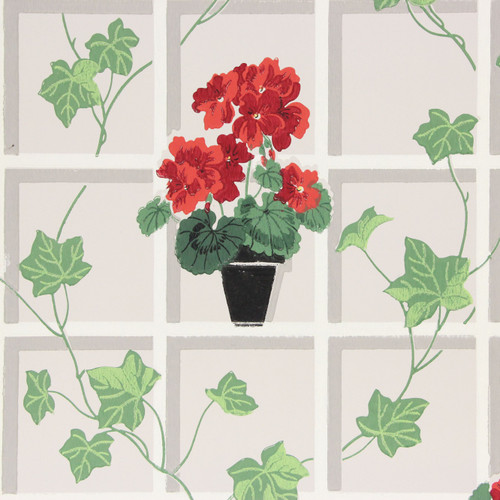 1940s Vintage Wallpaper Red Geraniums on Lattice