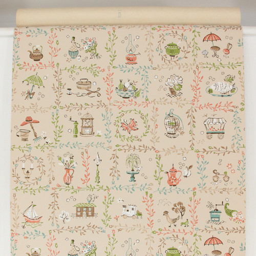 1960s Vintage Wallpaper Folk Art on Beige