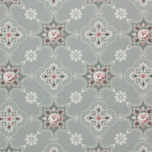 1940s Vintage Wallpaper Pink Rose Geometric on Green