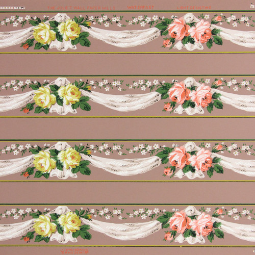 1940s Vintage Wallpaper Border Peach Yellow Roses on Brown