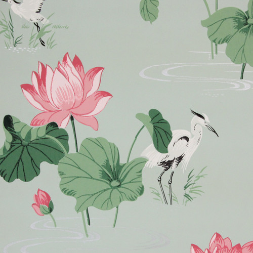 1940s Vintage Wallpaper Cranes Pink Lilies on Green