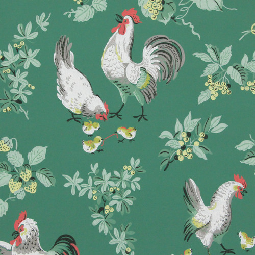 1940s Vintage Wallpaper Rooster Hen Chicks on Green