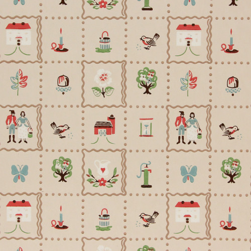 1950s Vintage Wallpaper Folk Art on Beige