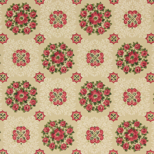 1940s Vintage Wallpaper Red Floral Geometric on Beige