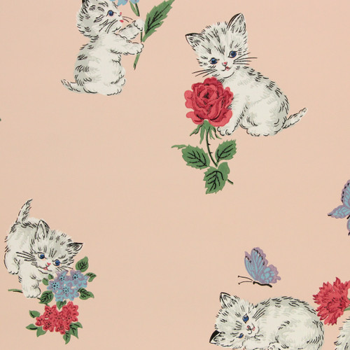 1940s Vintage Wallpaper Kittens & Flowers on Pink