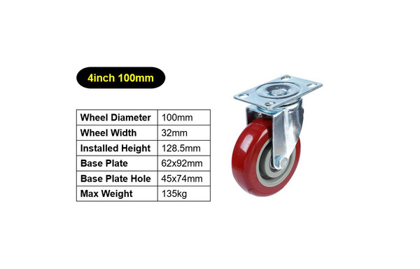 4in 100mm Swivel Plate Caster Wheels Top Plate & Bearing Red PVC Heavy Duty