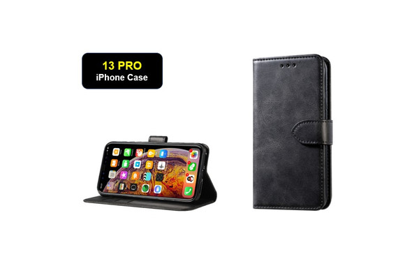 iPhone 13 Pro Flip Case PU Leather Wallet Card Holder Apple BLACK