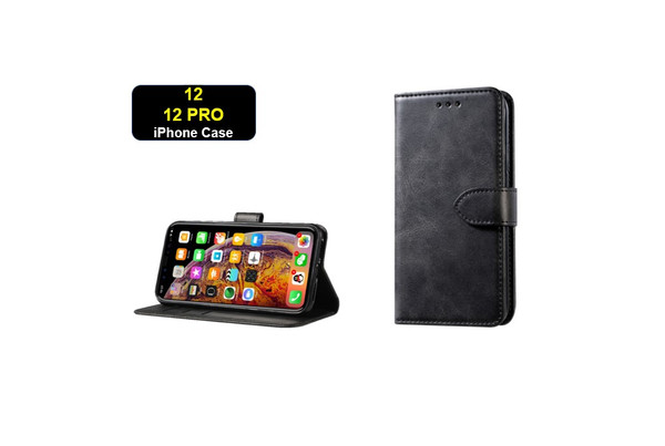 iPhone 12 / 12 PRO Flip Case PU Leather Wallet Card Holder Apple BLACK