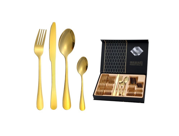 Gold Finish 24pcs Cutlery Gift Set Stainless Knife Forks Spoon Teaspoon Gold Finish 24pcs Cutlery Gift Set Stainless Knife Forks Spoon Teaspoon