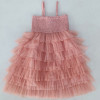 Yo Baby    Smocked Bodice Tulle Tiered Dress - Pink