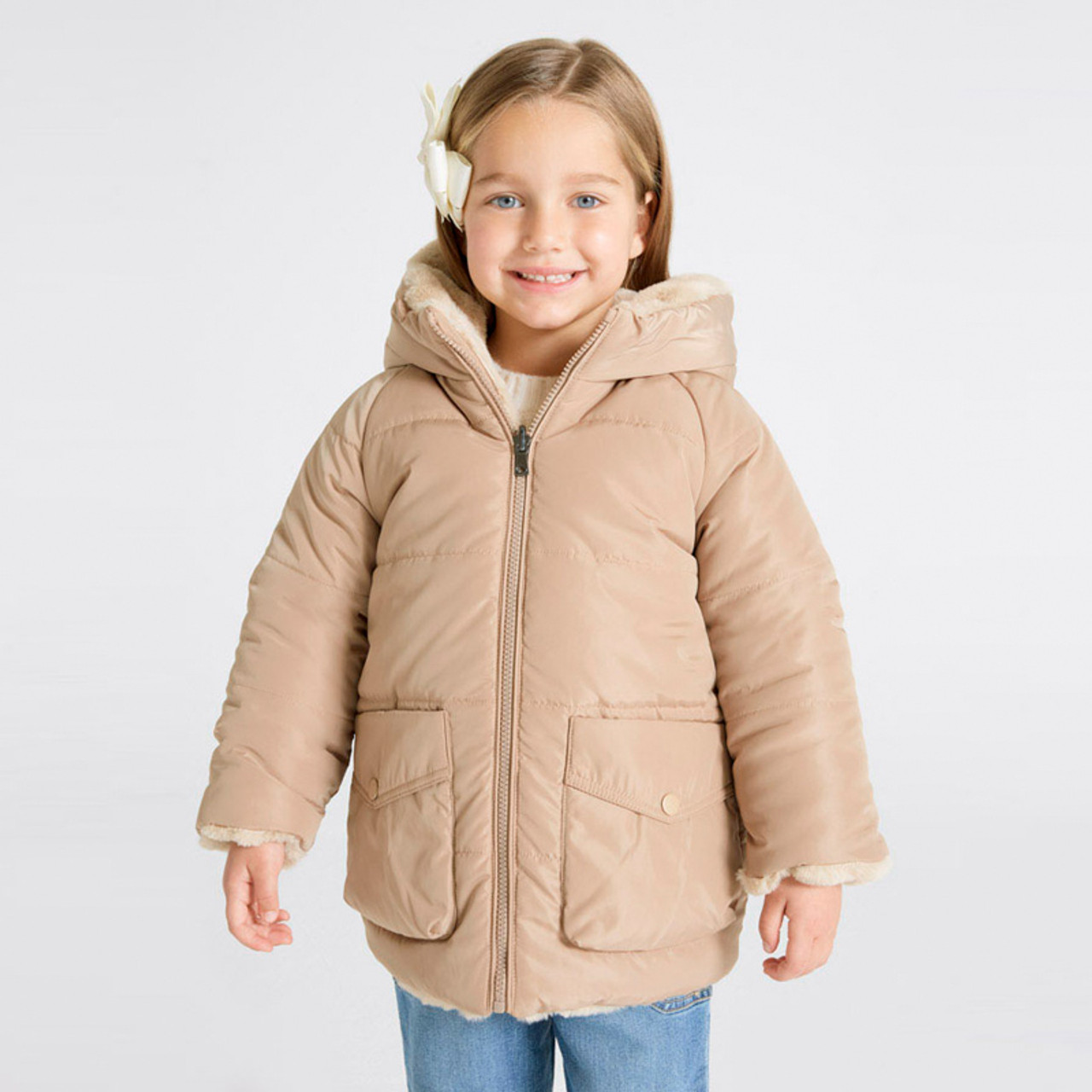 Mayoral - Hooded Reversible Faux Fur Coat - Beige