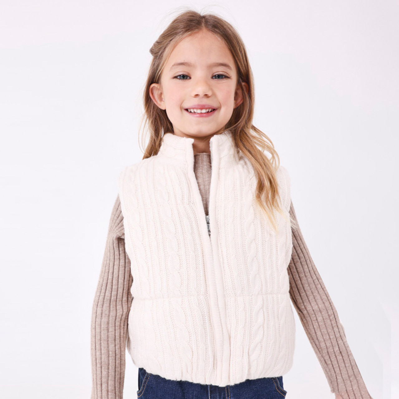 Mayoral Cable Knit Front Zip Padded Vest - Cream