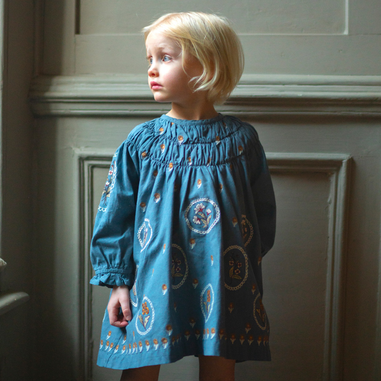 Lali Kids Floral Embroidered Tulip Dress - Blue