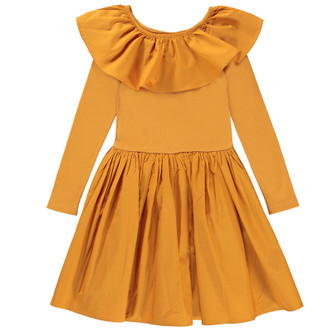 Molo  Cille Organic Knit & Woven Ruffled Collar Dress - Old Gold - size 9/10