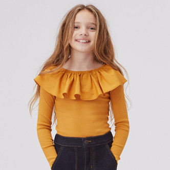 Molo  Renate Organic Knit & Woven Ruffled Collar Top - Old Gold