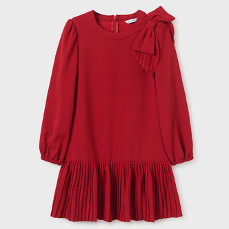 Mayoral   Pleated Drop-Waist Dress w/Shoulder Bow - Red