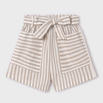 Mayoral              Stripe Shorts w/Front Pockets & Bow Sash - Tan/White