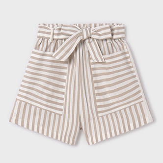 Mayoral   Stripe Shorts w/Front Pockets & Bow Sash - Tan/White