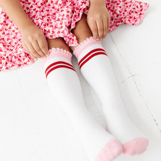 Little Stocking Co Lace Top Knee High Socks - Cherry Stripe