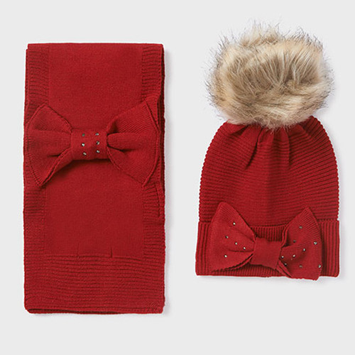 Mayoral   2pc Textured Hat & Scarf Set w/Beaded Bow Accents - Red - size Small(4-8Y)