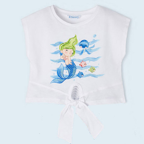 Mayoral   Mermaid Adventures S/S Tee w/Front Cut-Out & Tie - White