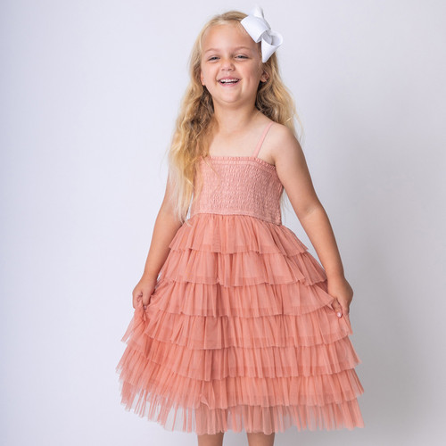 Yo Baby    Smocked Bodice Tulle Tiered Dress - Pink