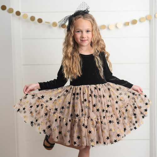 Oopsie Daisy          Holiday Velvet & Sparkle Star Tulle Dress - Black & Gold