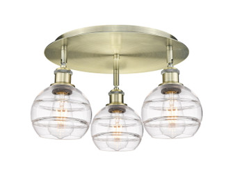 Downtown Urban Three Light Flush Mount in Antique Brass (405|516-3C-AB-G556-6CL)