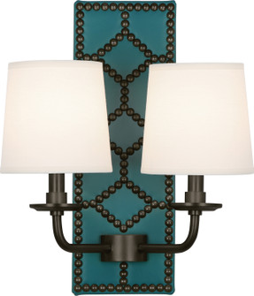 Williamsburg Lightfoot Two Light Wall Sconce in Backplate Upholstered in Mayo Teal Leather w/Nailhead and Deep Patina Bronze (165|Z1033)