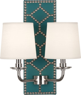 Williamsburg Lightfoot Two Light Wall Sconce in Backplate Upholstered in Mayo Teal Leather w/Nailhead and Polished Nickel (165|S1033)
