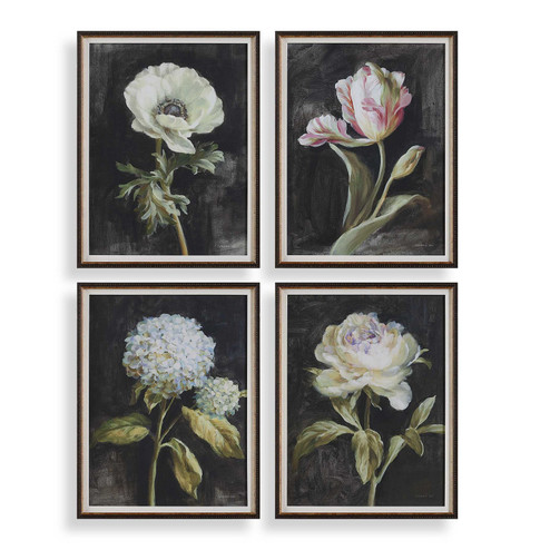 Florals On Black Framed Prints, Set/4 in Dark Brown (52|32426)