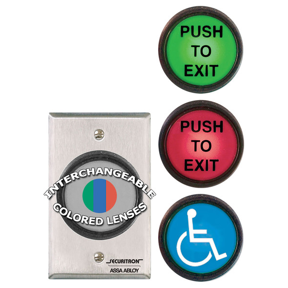 Securitron PB5 2" Round, Momentary, DPST, w/Light, SG, Red/Green/Handicap Push Button