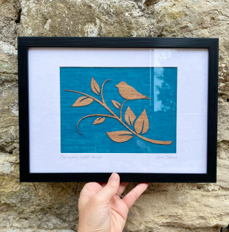 Bird on Branch, Mahogany Wood Veneer on Teal by Esme James, Grange Gallery, Dorset