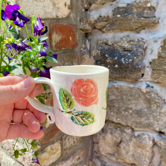 Ceramic mug with hand painted rose design by Jane Elmer-Smith, Grange Gallery, Dorset