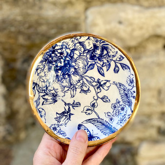 Dish with Blue and White Glaze and a Gold Lustre finish  designed and made by Jane Elmer-Smith,  Grange Gallery, Dorset