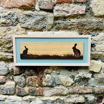 Hare & Leveret, engraving on Oak, designed and made by Jason and Esme at Grange Gallery, Dorset.