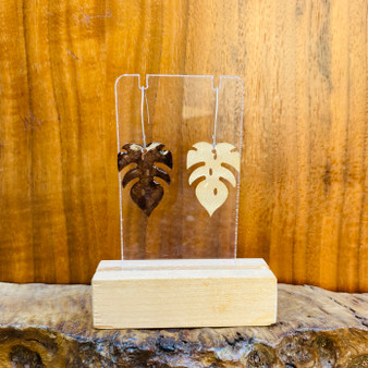 Tropical leaf shaped earrings, designed and made by Jason and Esme at the Grange Gallery workshop, Wareham, Dorset.