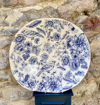 Platter with a Blue and White Glaze and a Gold Lustre finish  designed and made by Jane Elmer-Smith,  Grange Gallery, Dorset