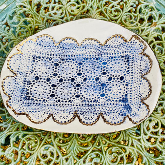 Lacey Platter Print with a Blue and White Glaze and a Gold Lustre finish designed and made by Jane Elmer-Smith,  Grange Gallery, Dorset